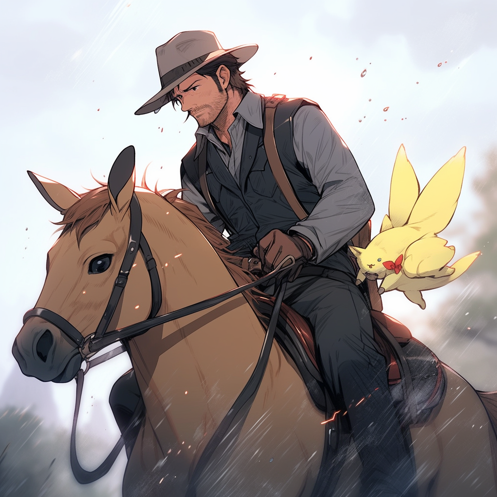 Arthur Morgan riding horse with Pikachu