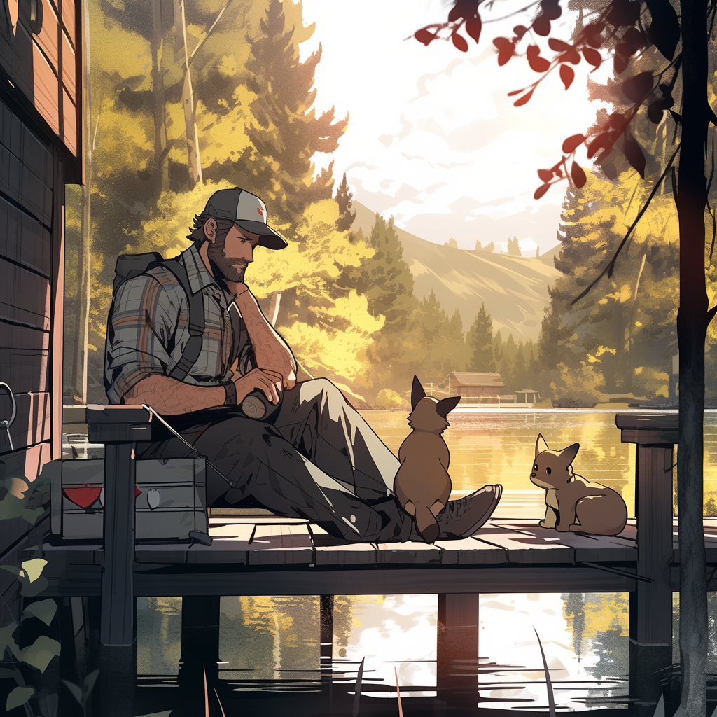 Arthur Morgan relaxing on his porch with Pikachu