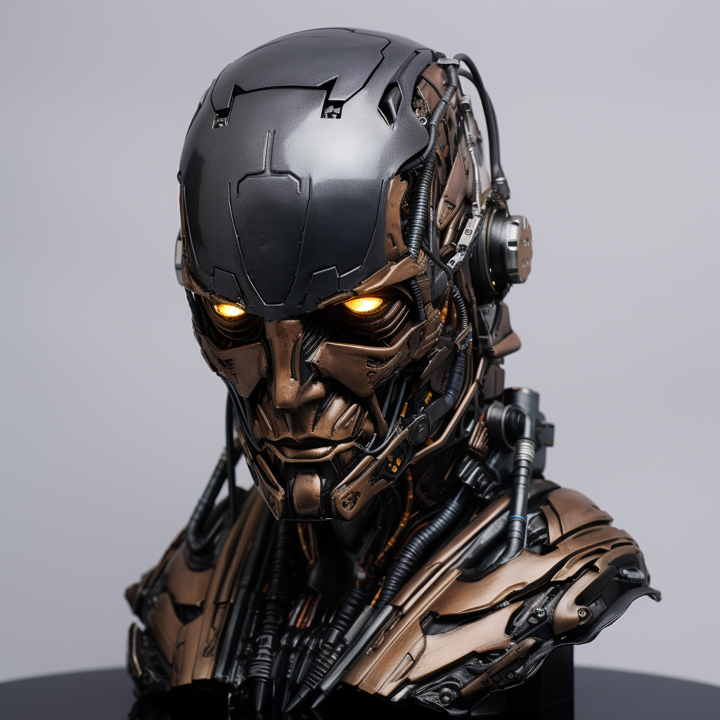 Cyberpunk AI robot head with wired steal cap