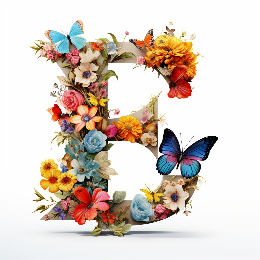 Vibrant flowers and colorful butterflies on English letter Q