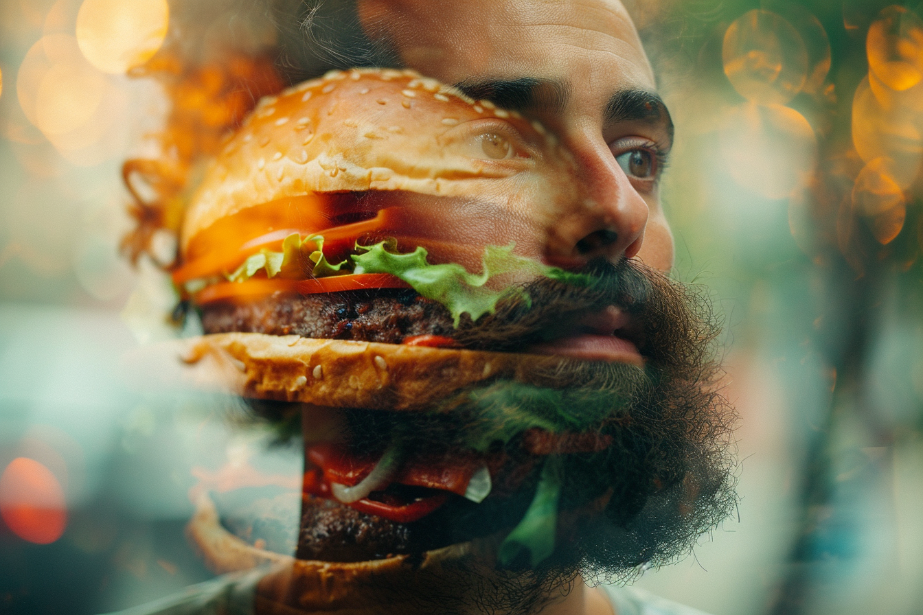 Bearded man surrounded by double exposure of burgers