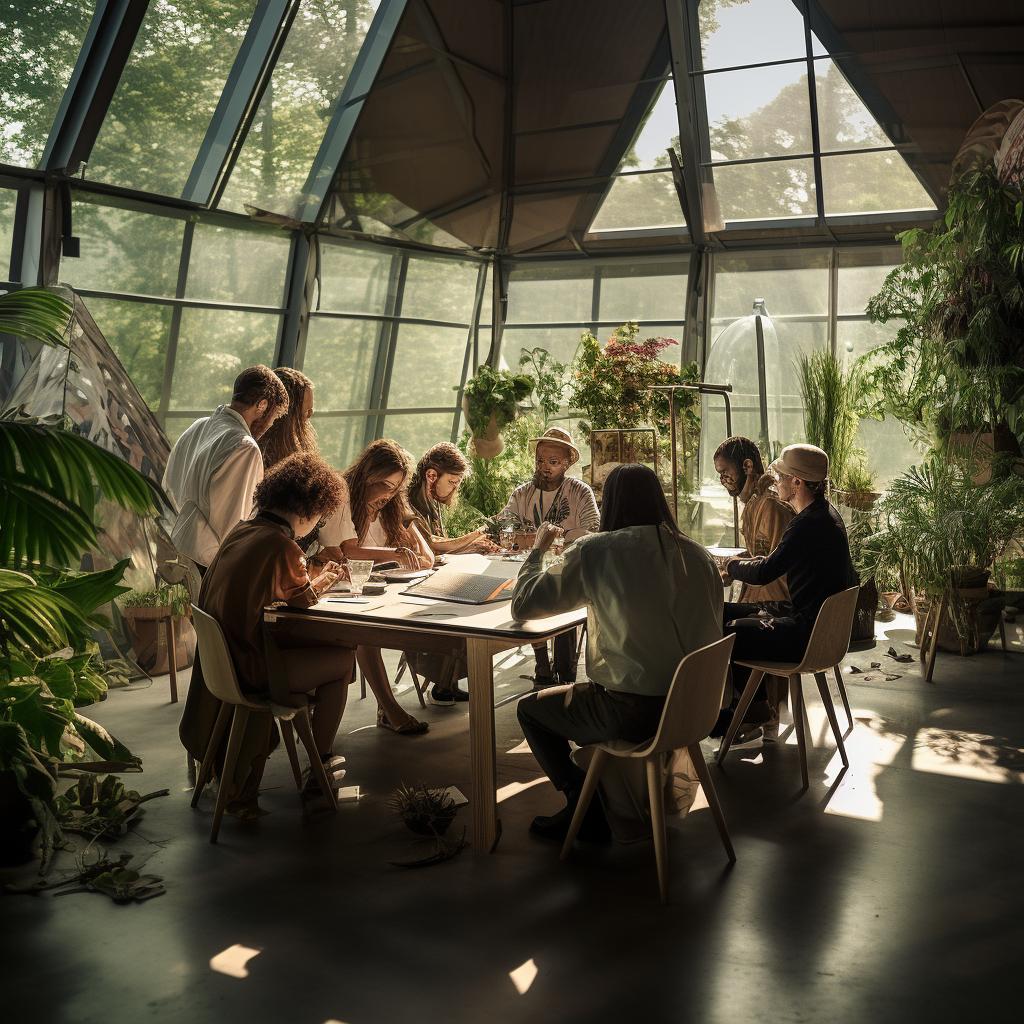 Artistic People in a Greenhouse Art Meeting