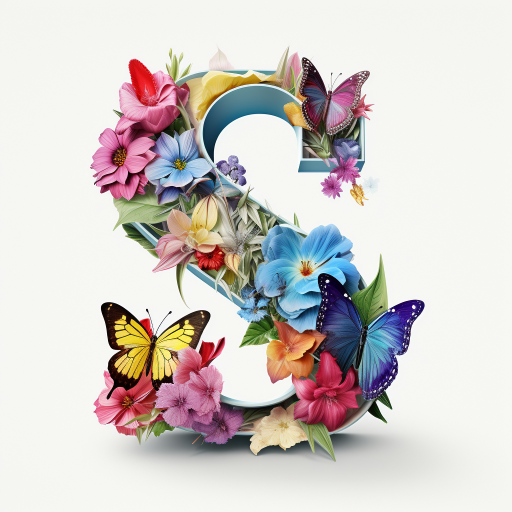 Artistic style English letter S with flowers and butterflies