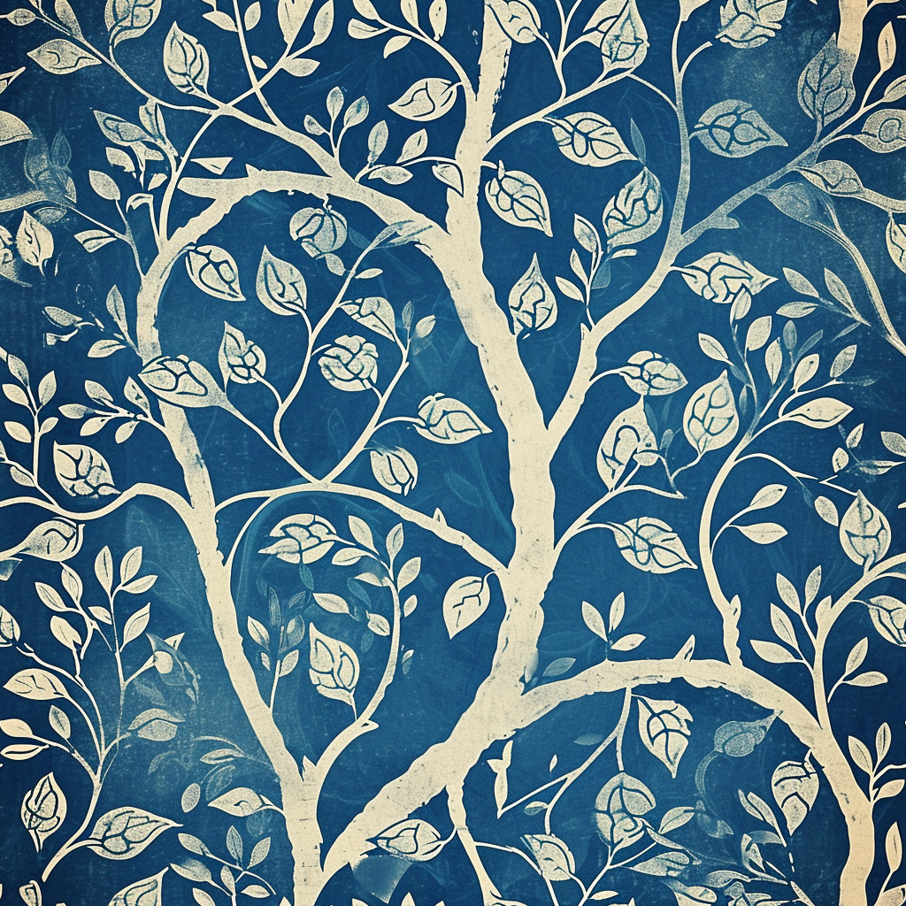 Pattern Tree Motif Cyanotype Aged