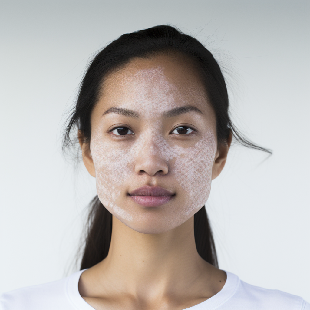 Asian woman with melasma on white background