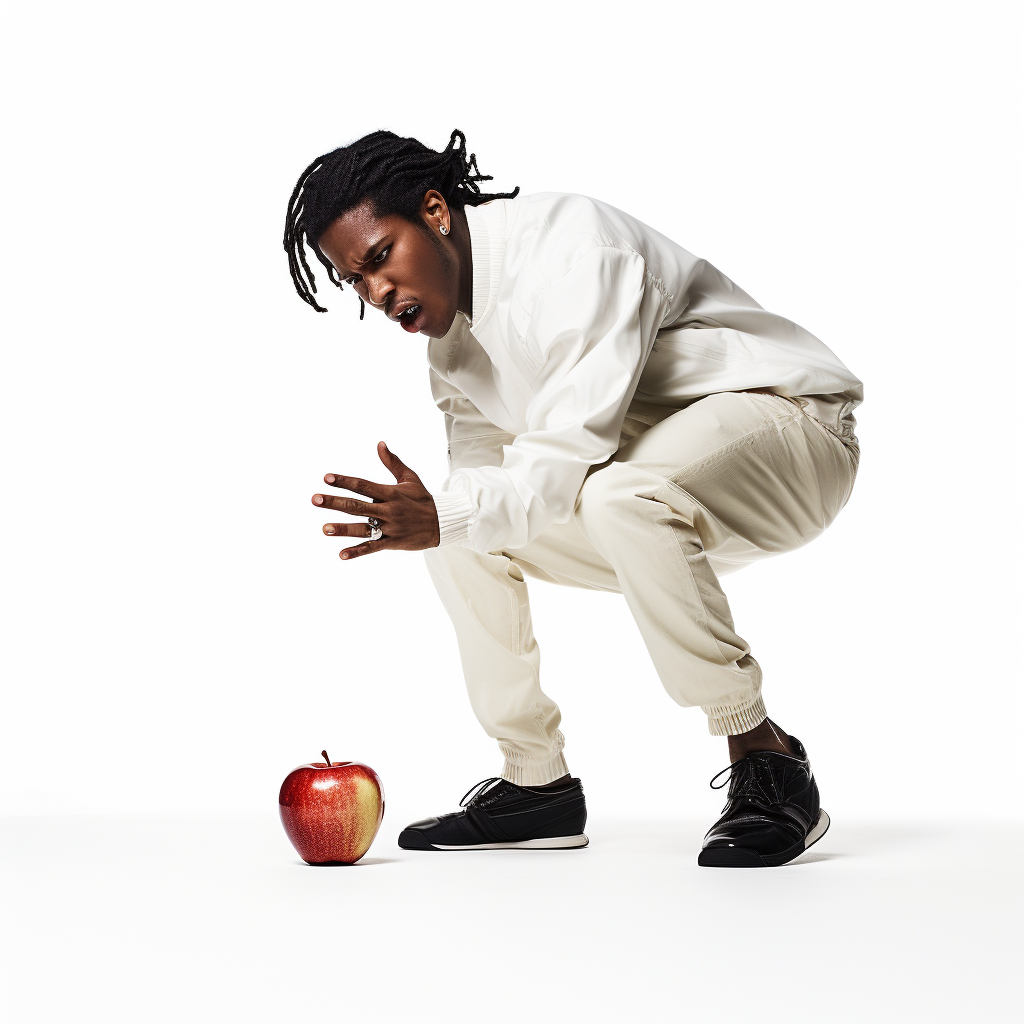 ASAP Rocky drops an apple on white background