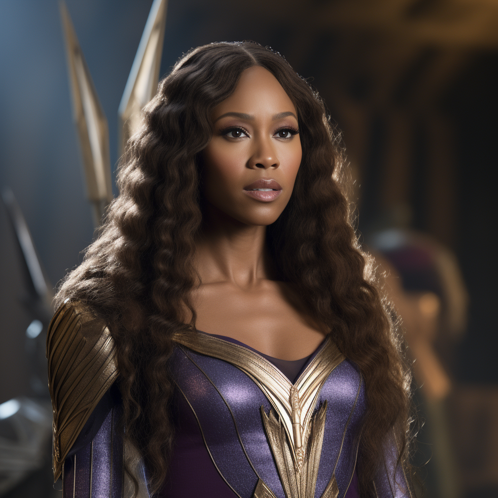 Asgardian goddess Nicole Beharie in purple attire