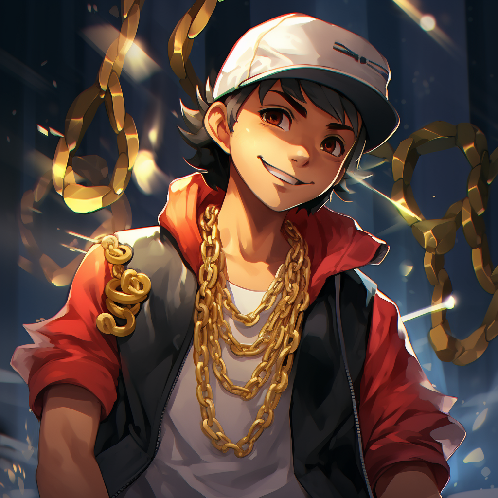 Ash Ketchum wearing gold chains and smiling