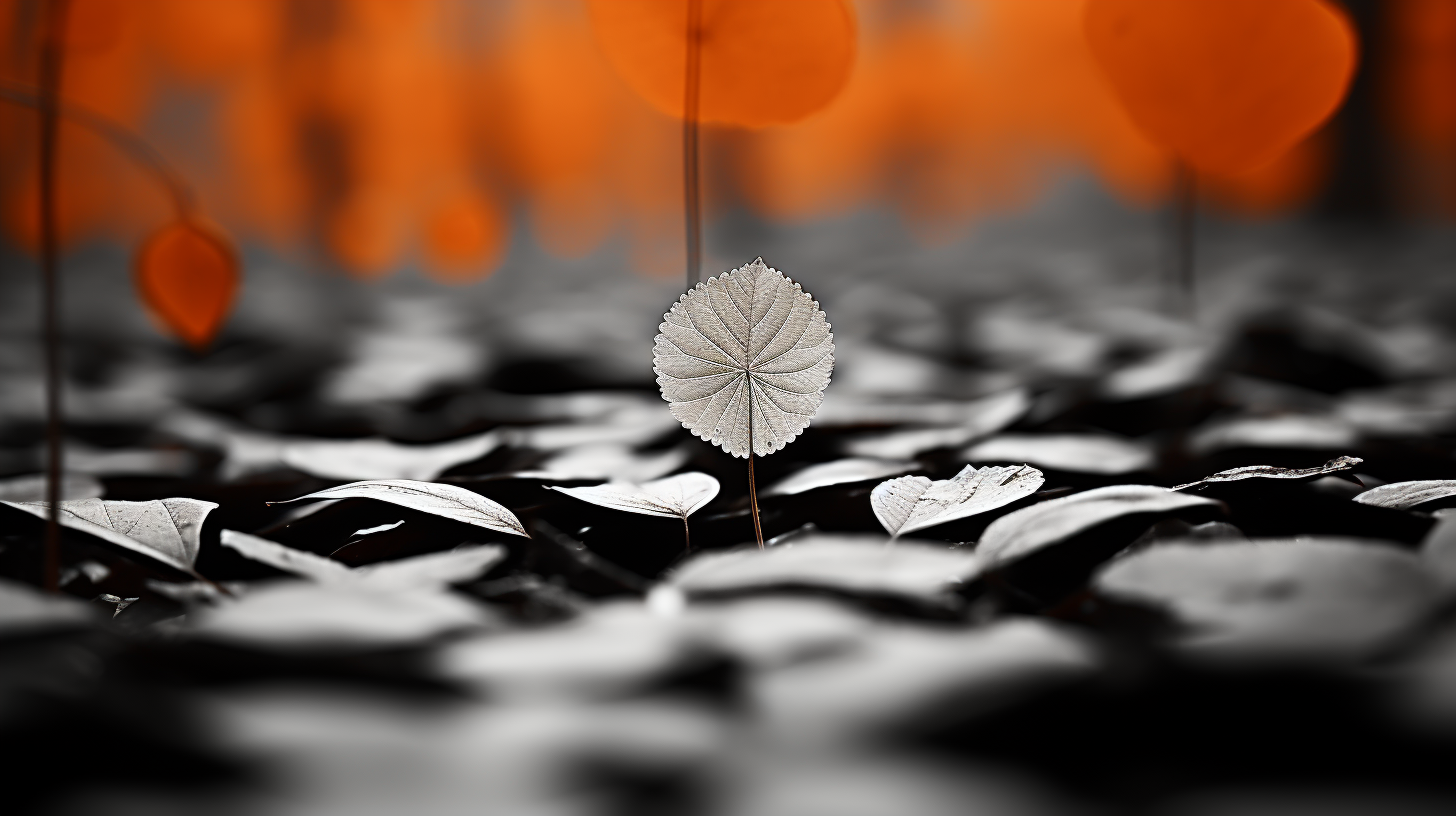 Black and white photograph of vibrant autumn leaves