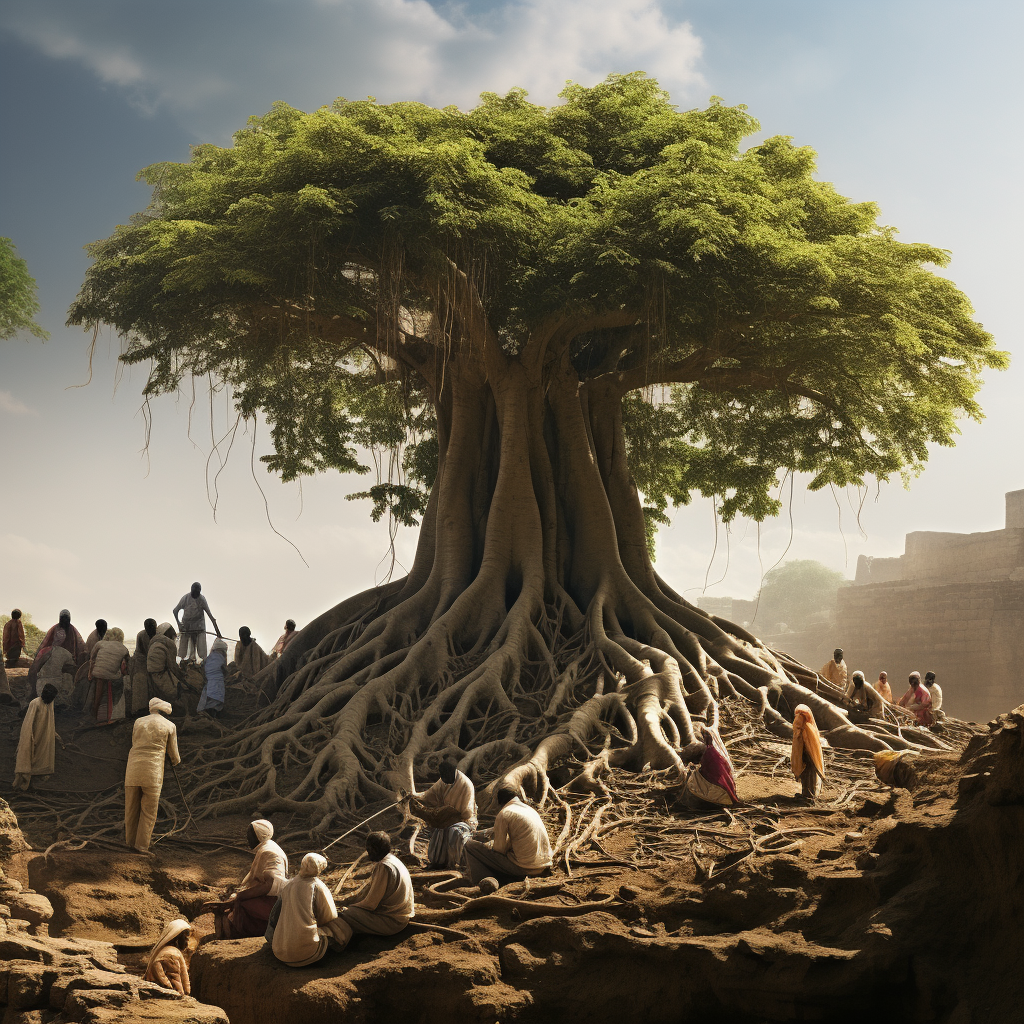 Ashwagandha tree with people harvesting root