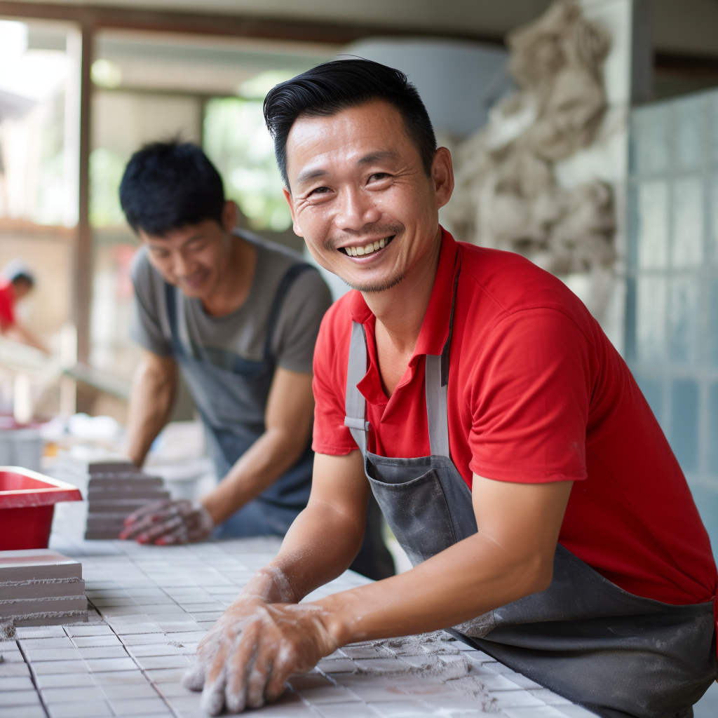 Asian builder installing tile with passion