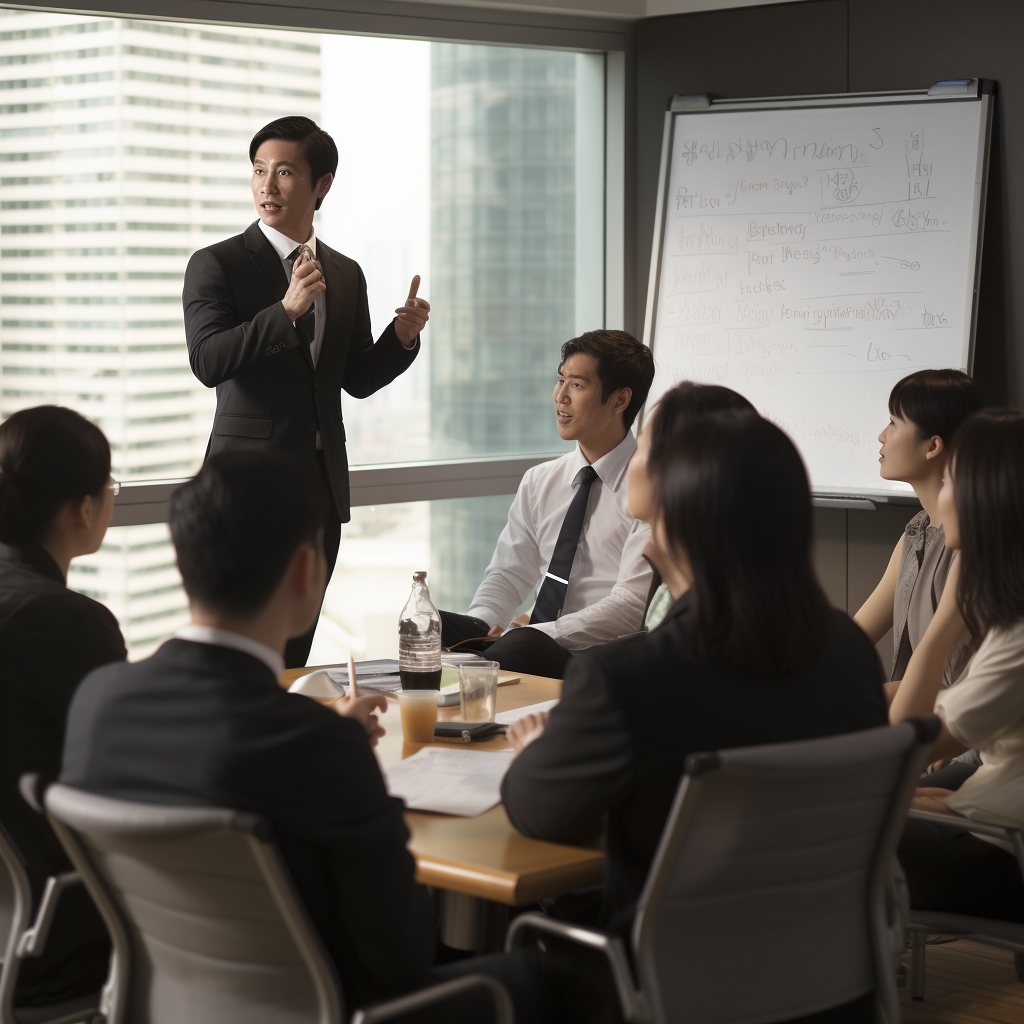 Asian businessman teaching innovative group seminar