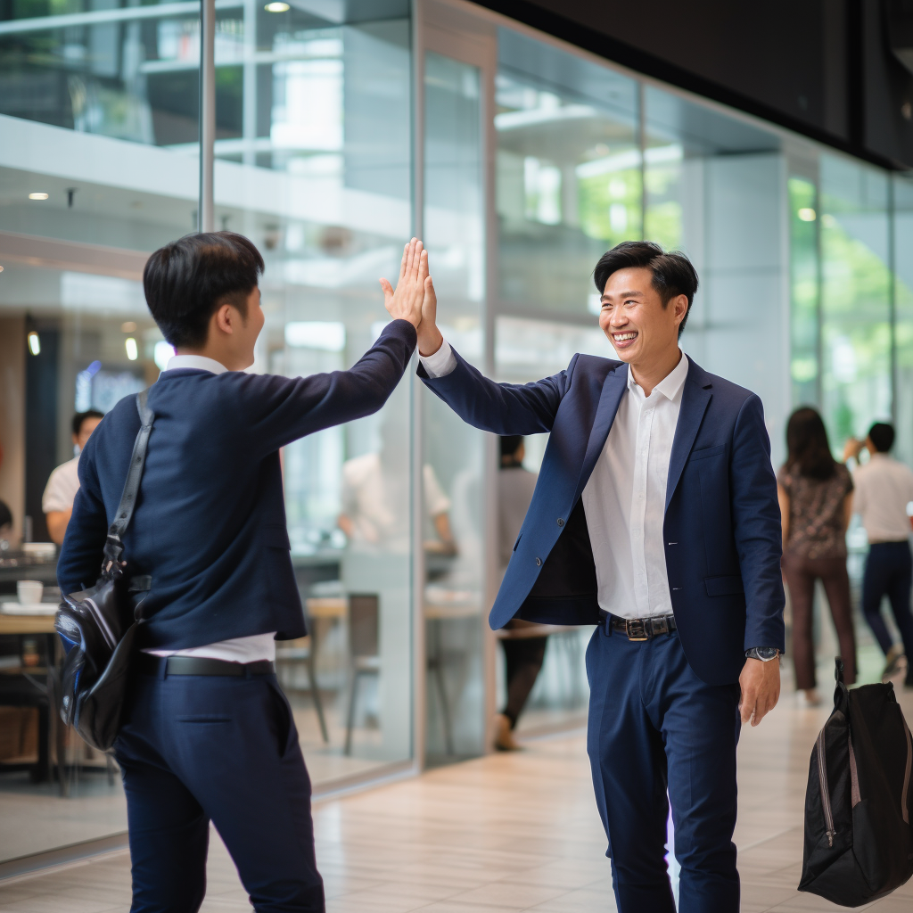 Two successful businessmen high-fiving in blue shirts.