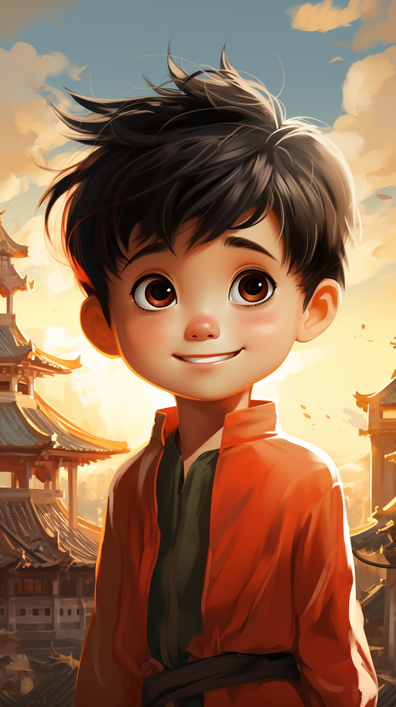 Illustration of an Asian child in a cartoon cinematic style