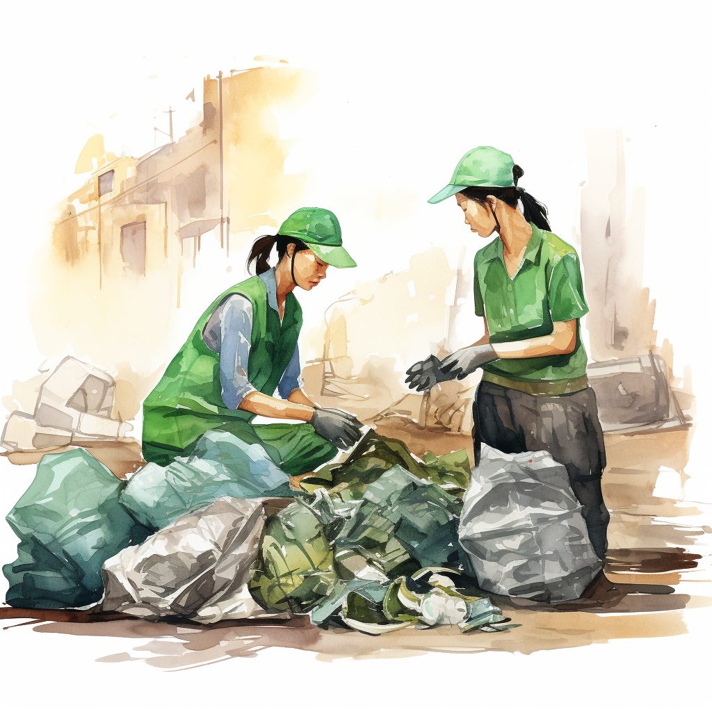 Two young Asian cleaning ladies packing debris bags