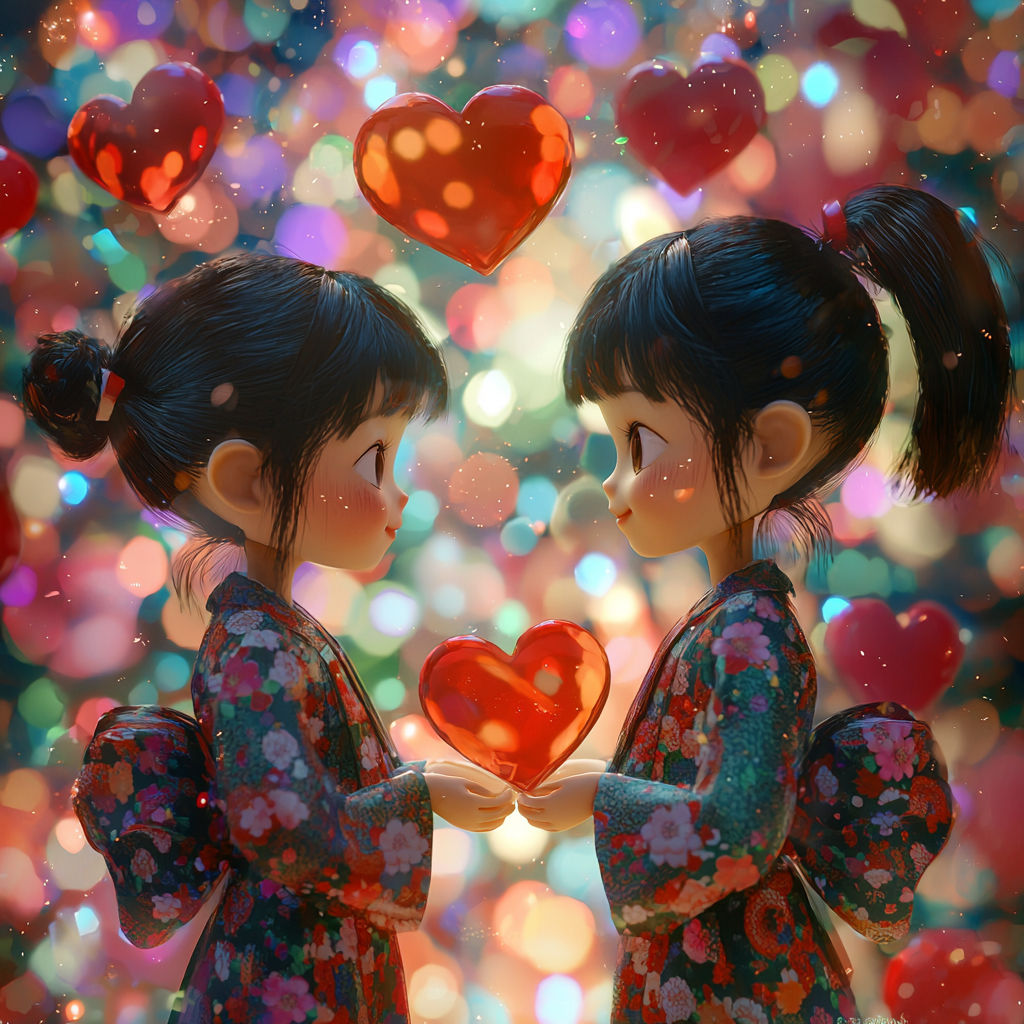 asian dolls holding hands with colorful hearts flying around