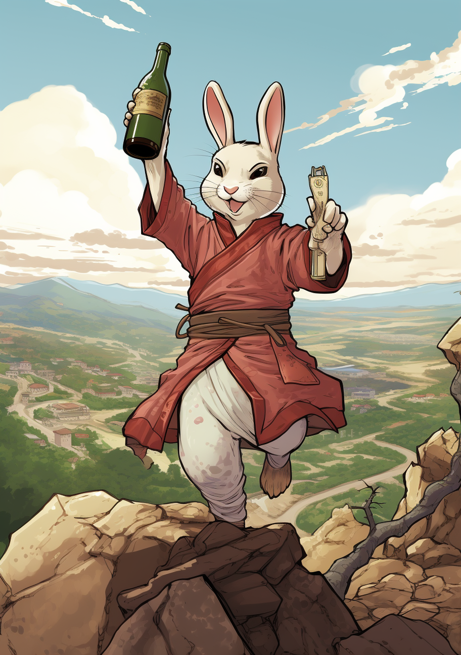 Anthropomorphic rabbit asian drunken master in Chinese landscape