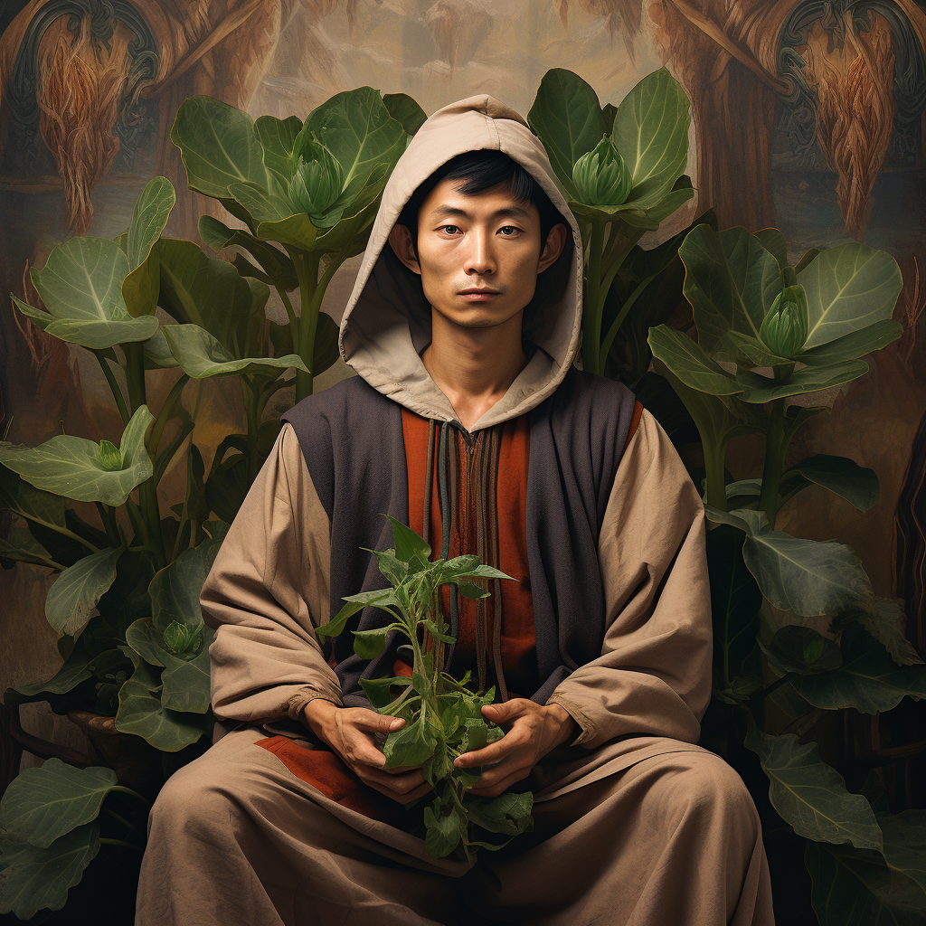 Asian elf wearing unique plant-based clothes