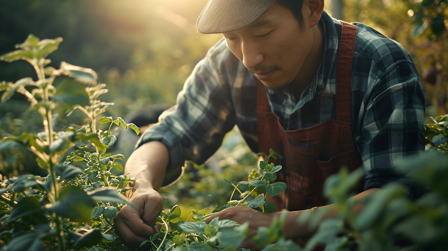 Asian farmer picking shiso leaves for gourmet cooking