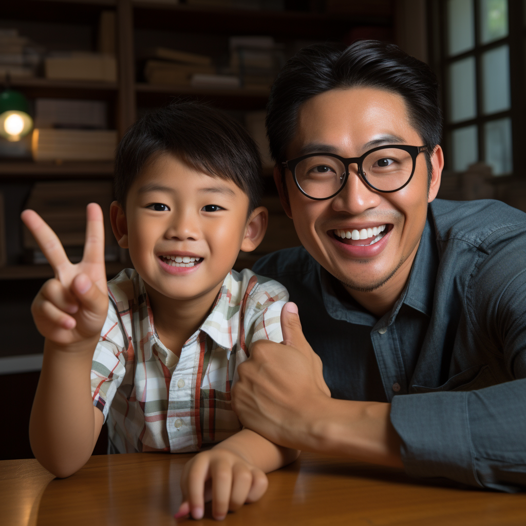 Asian father teaches son, both wearing glasses.