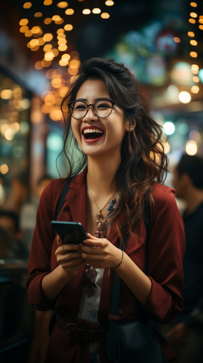 Asian female boss celebrates phone screen