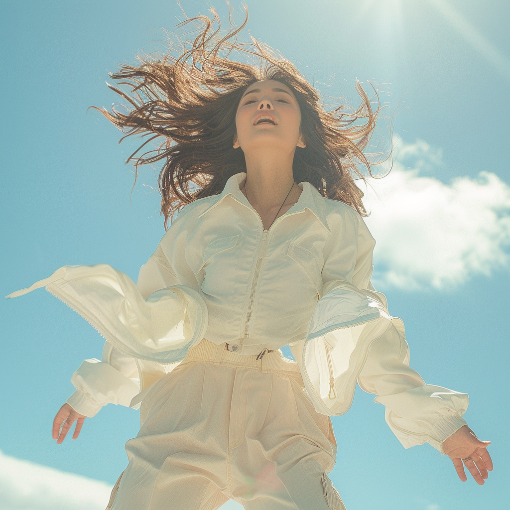 Asian female fashion model jumping white jacket