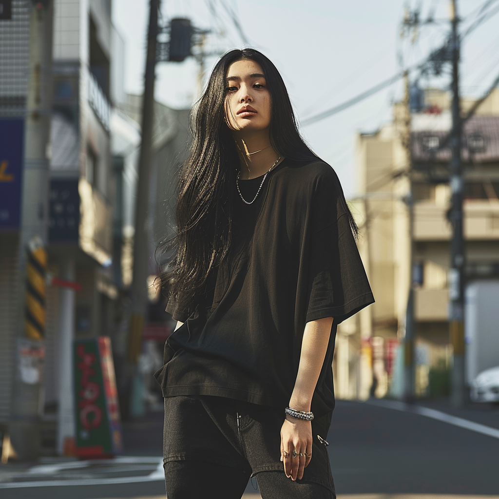 Asian female model black t-shirt