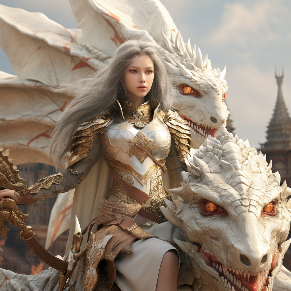 Asian female warrior riding medieval dragon