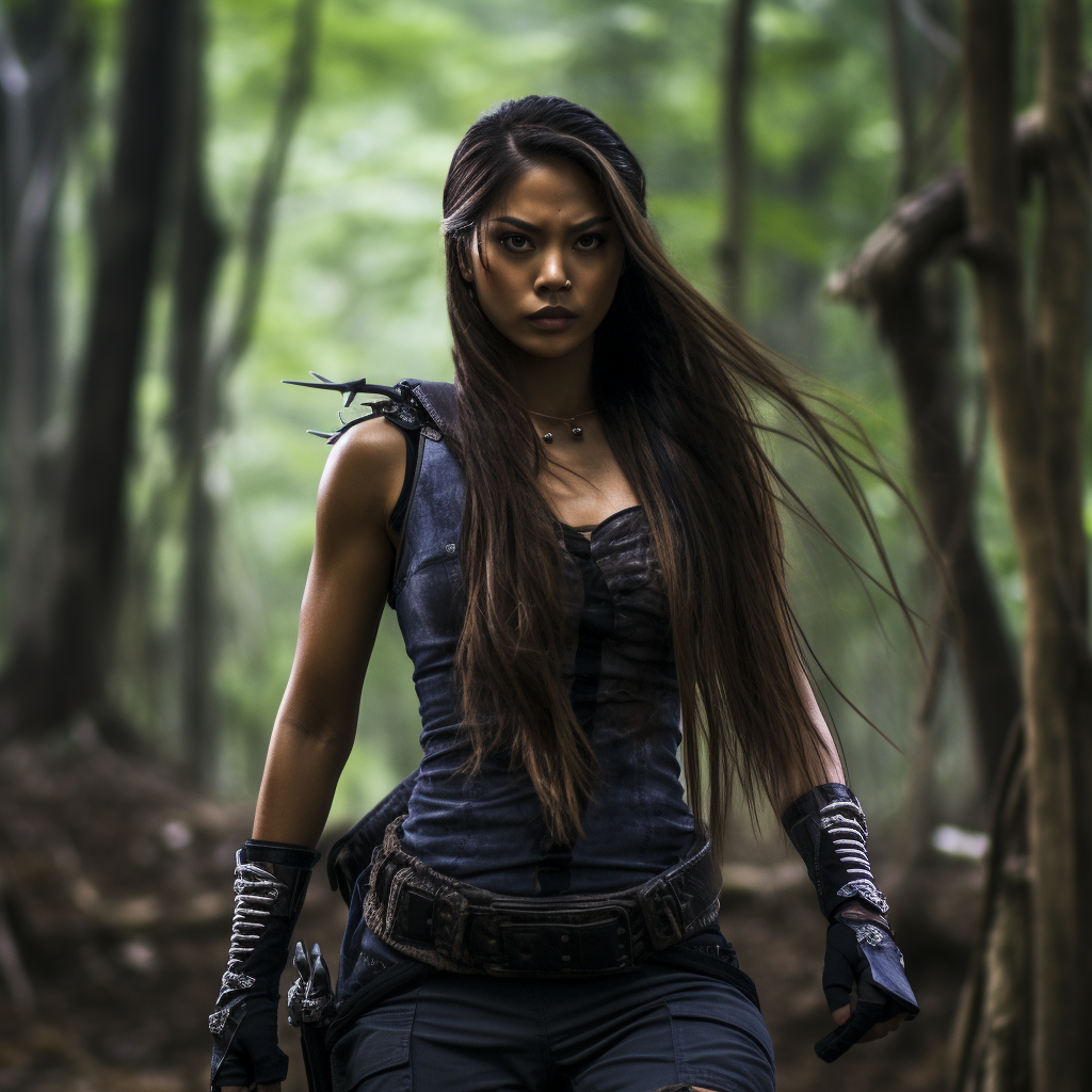 Asian female zombie hunter in the woods