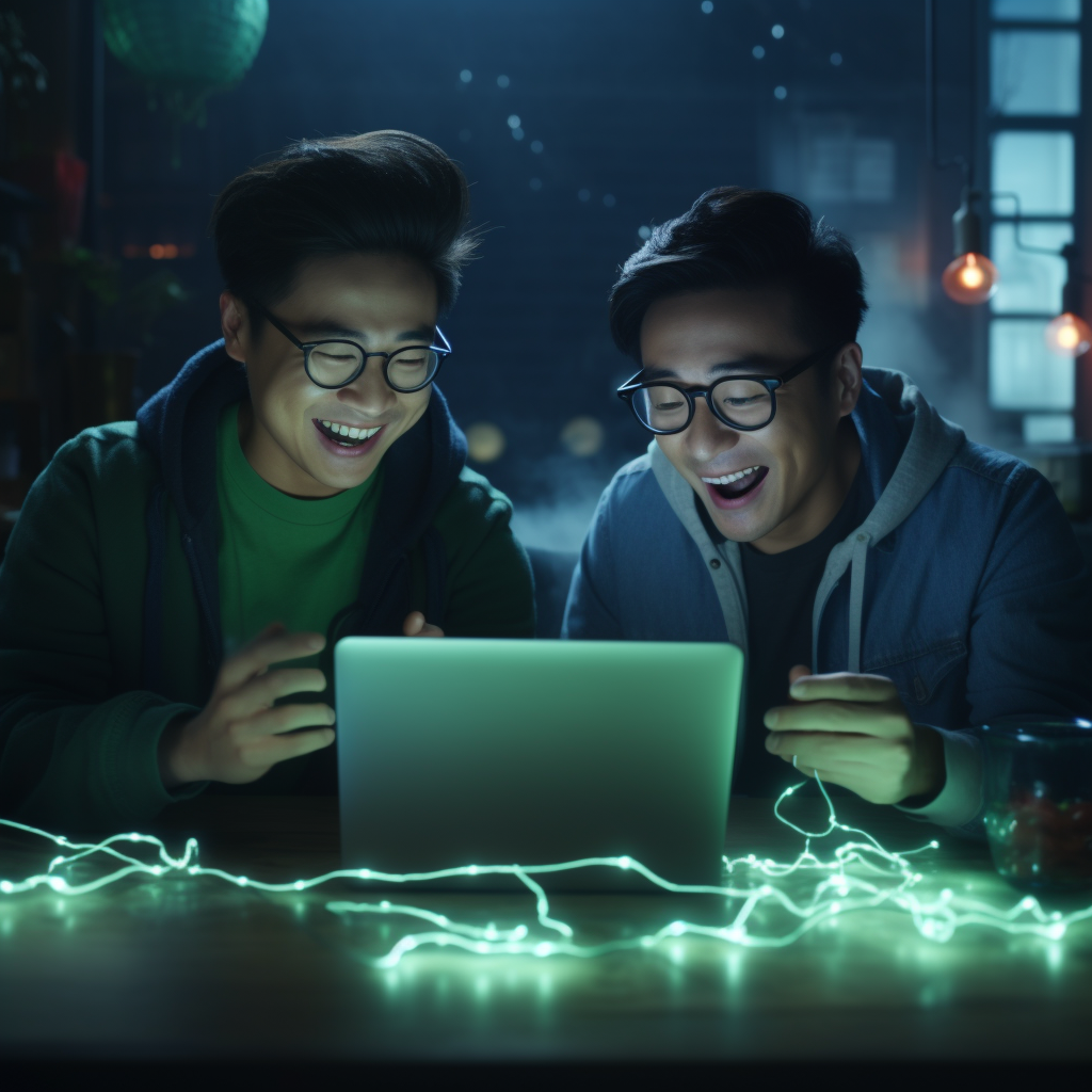 Two Asian friends enjoying WiFi connection at home