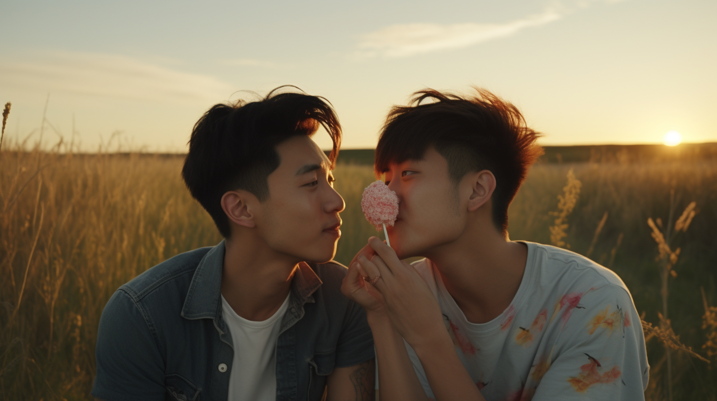 Asian gay couple enjoying lollipop in sunset grass