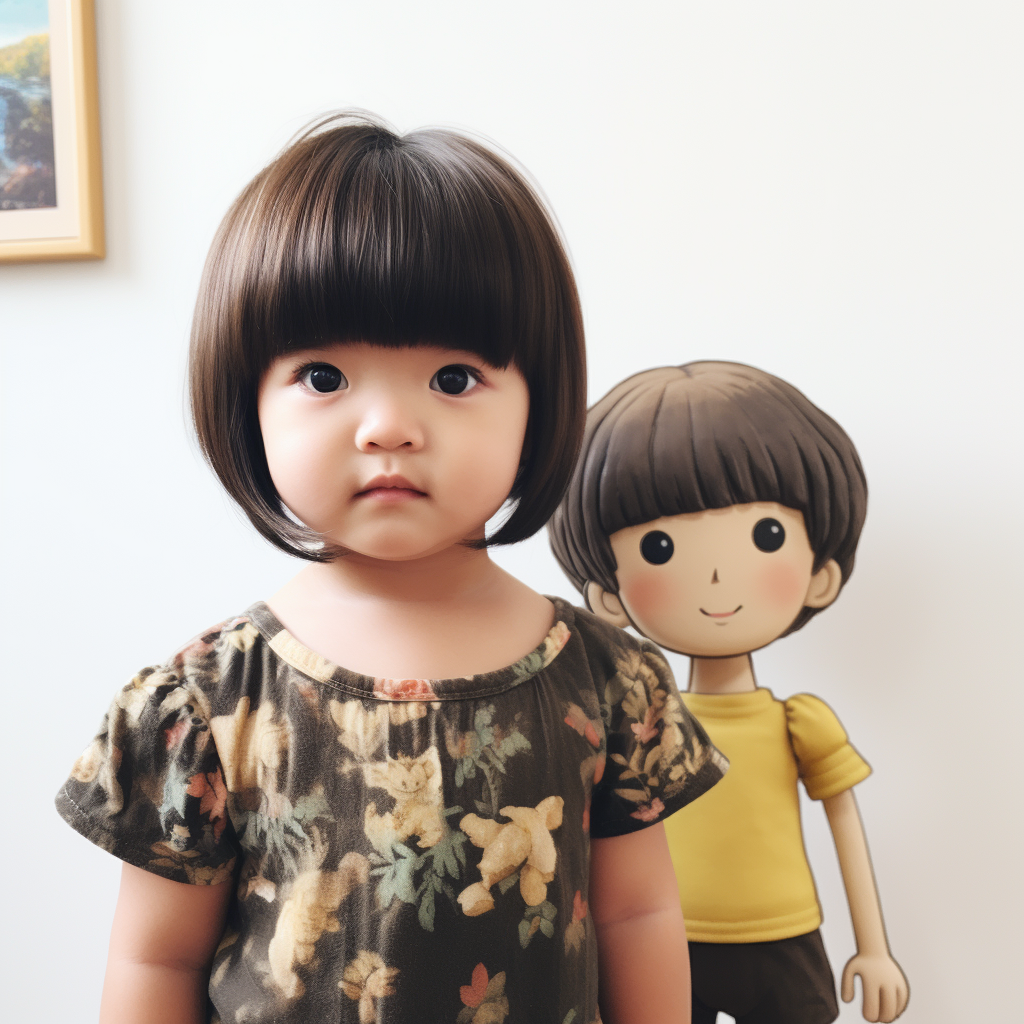 Asian girl with bangs haircut holding her baby brother