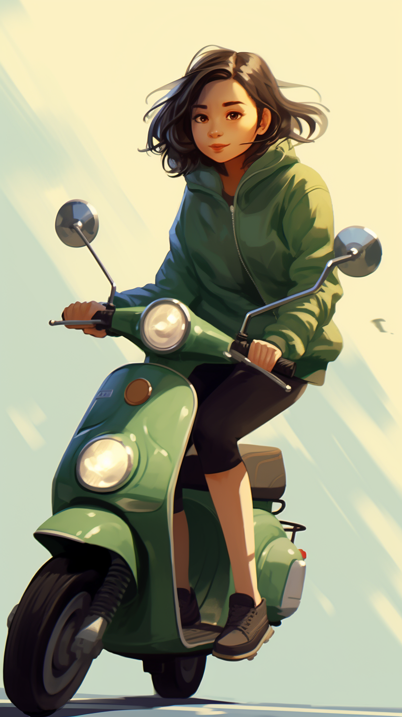 Asian girl on scooter wearing green jacket