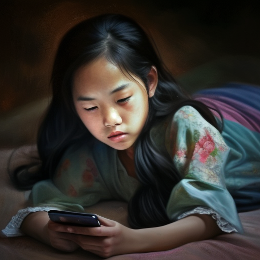 Young Asian girl engrossed in mobile phone .