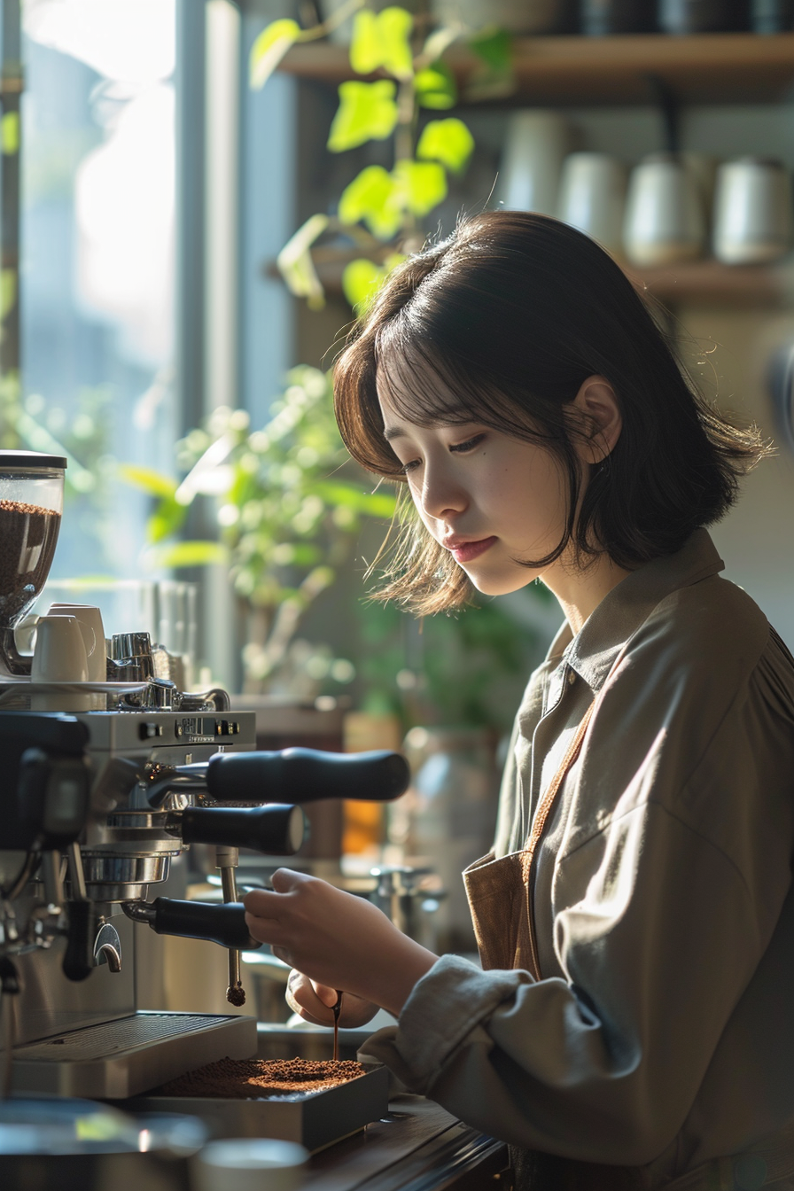 Asian girl making coffee at Tokyo coffee shop