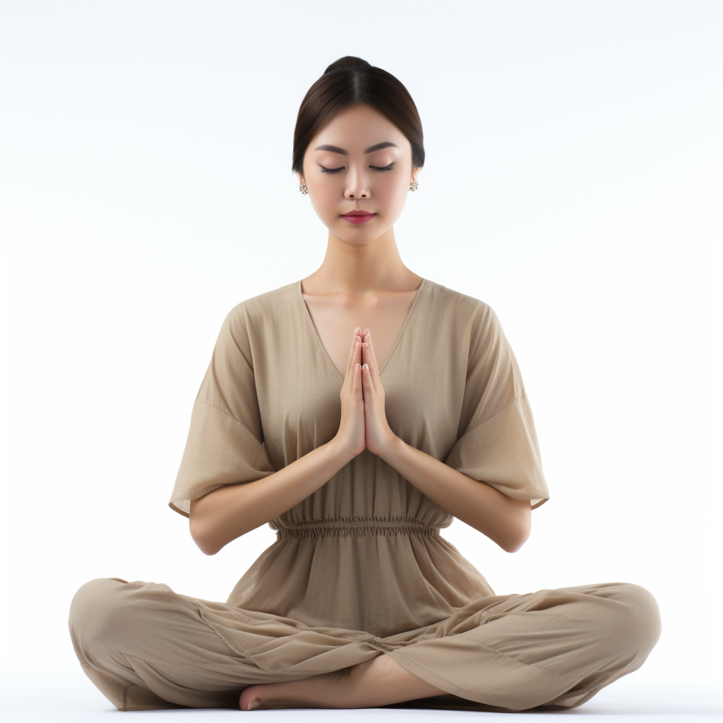 Asian girl meditating on white background