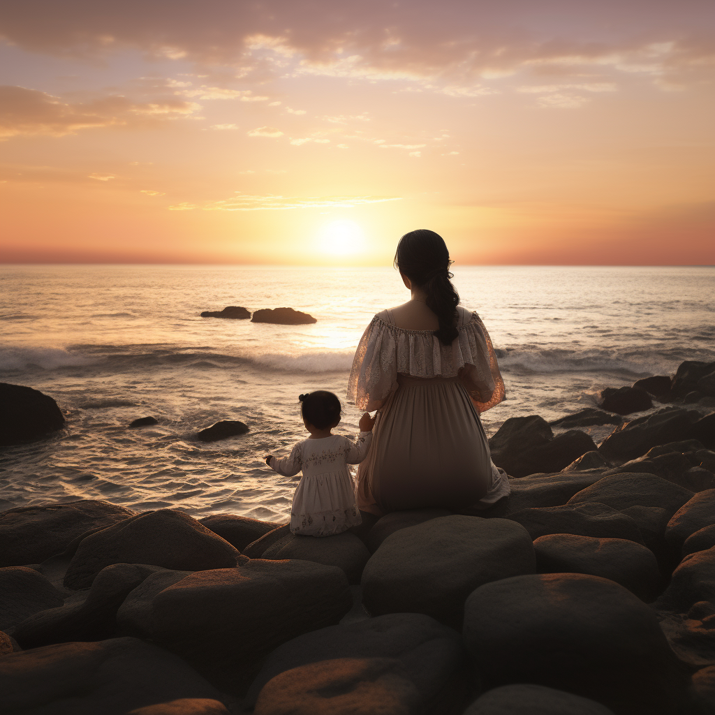 Asian girl and mother admiring sunset by the sea