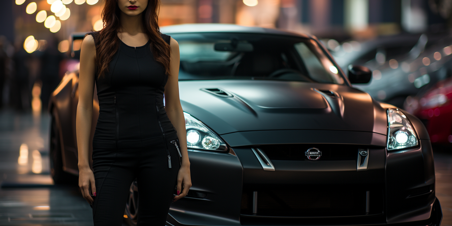 Asian girl waiting inside a black Nissan 350z car