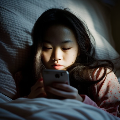 Asian girl lying down playing with mobile phone