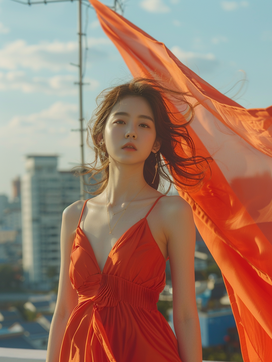 Asian girl on rooftop with flag