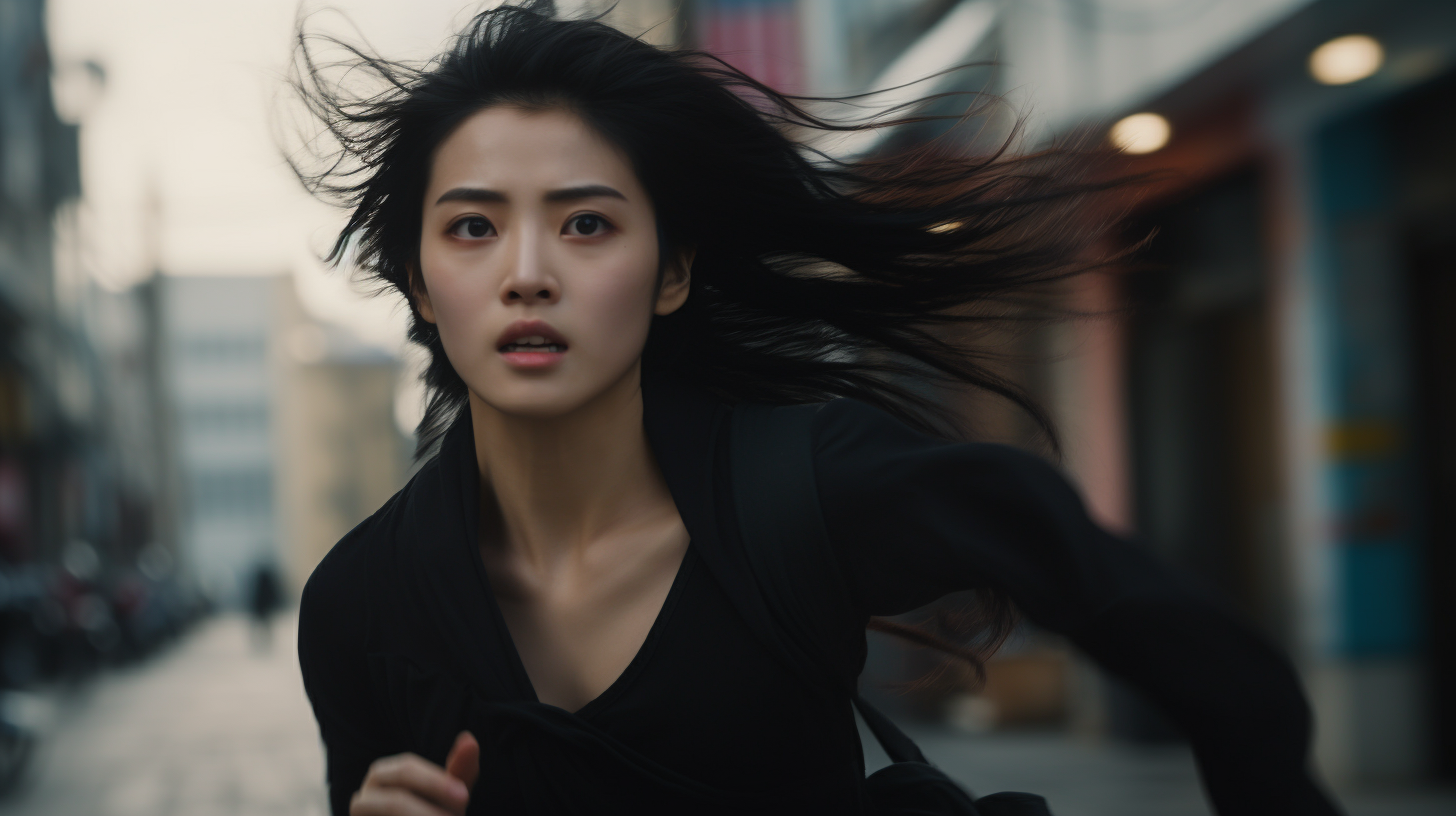 Asian girl in black dress running