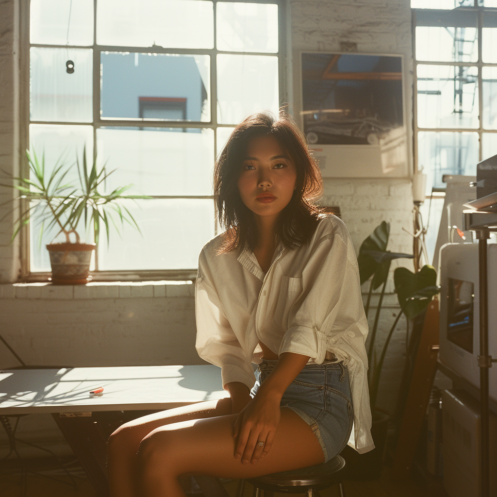 Asian girl in oversized white shirt and denim shorts