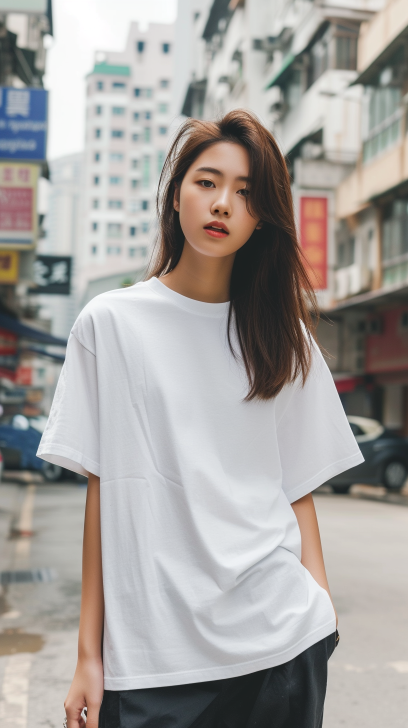 Asian girl in white oversize T-shirt on street