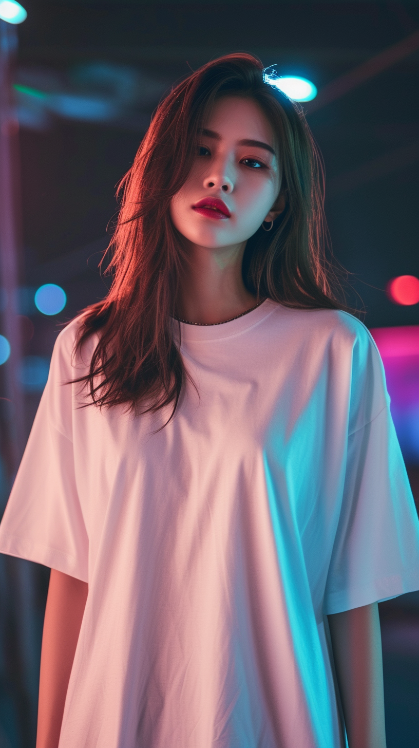 Asian girl white T-shirt nightclub full body