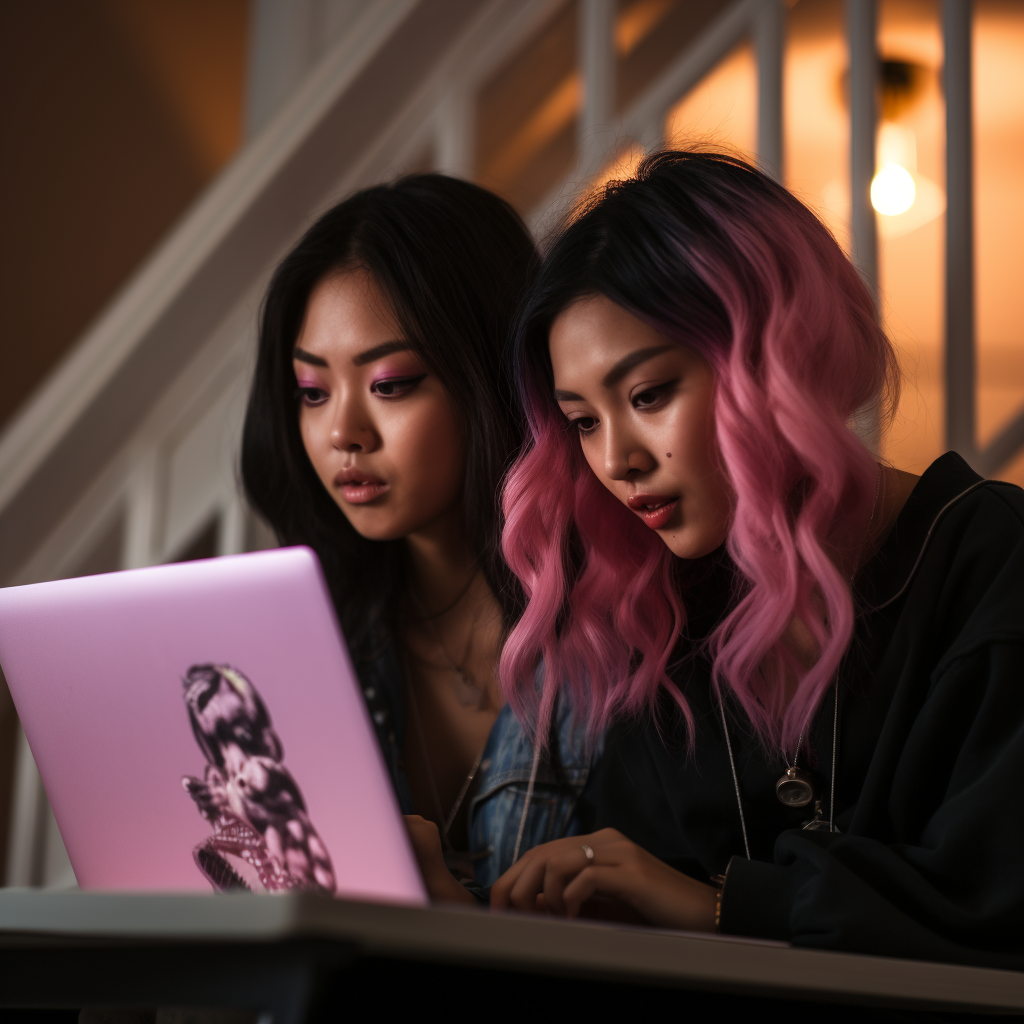 Asian goth girl and girl with pink curly hair watching movie