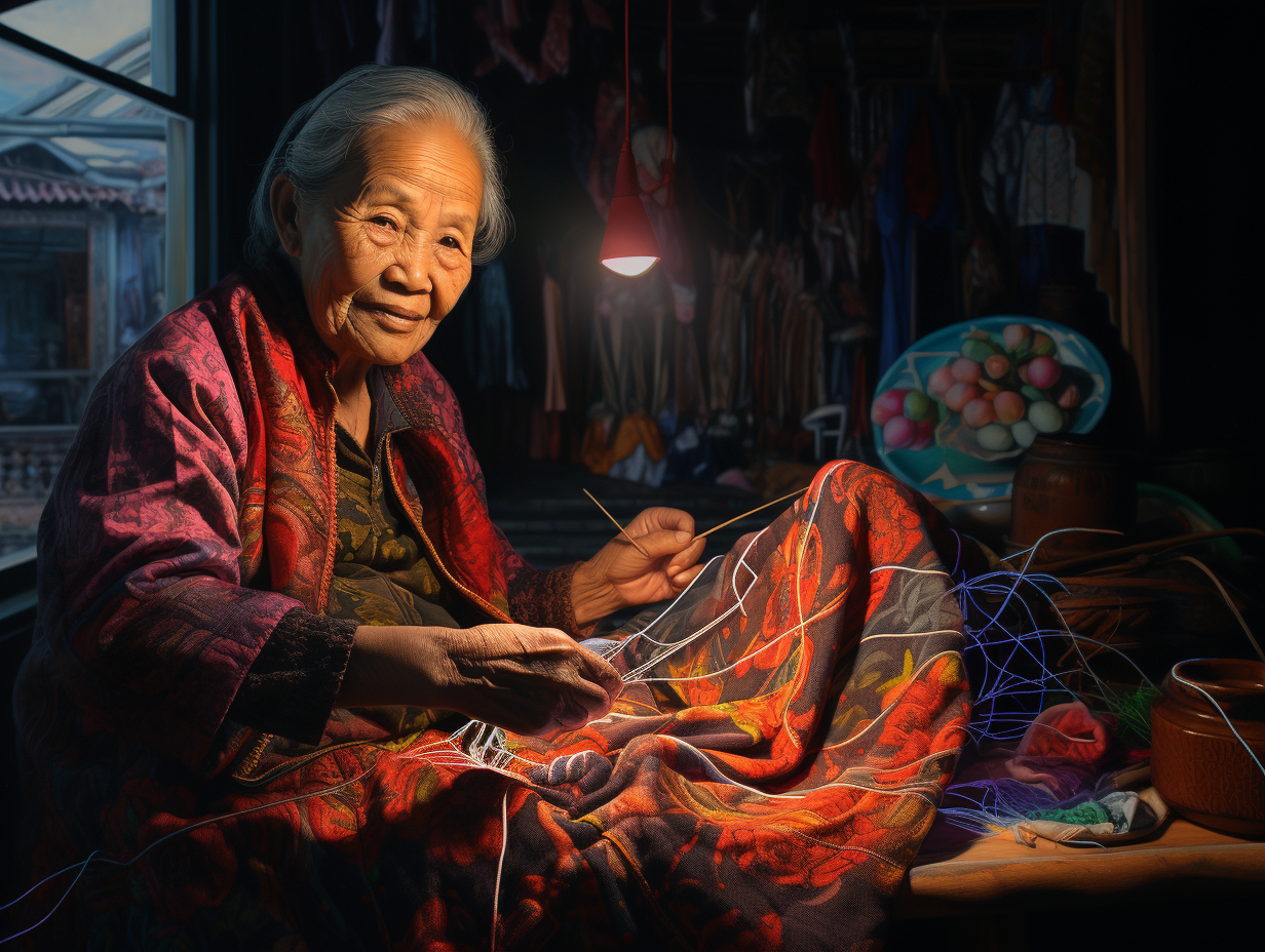 Smiling Asian Grandma Embroidering at Night