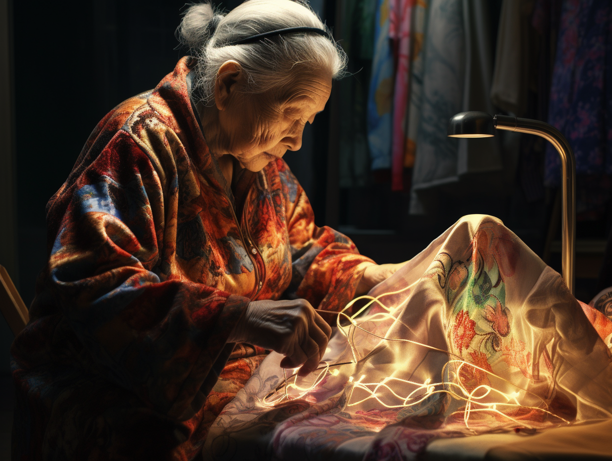 Asian grandma embroidering at night