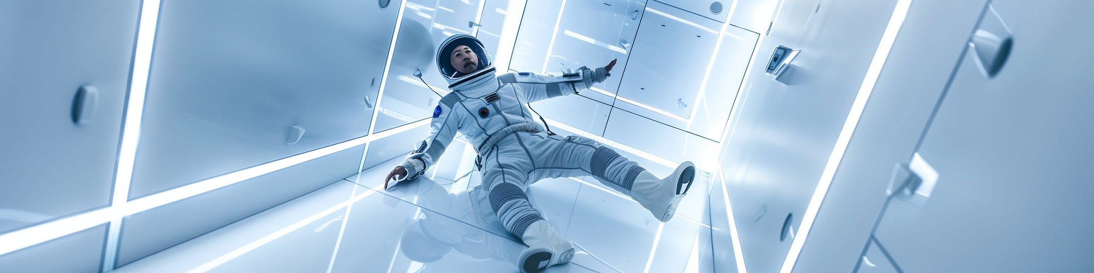 Asian guy in futuristic space suit floating