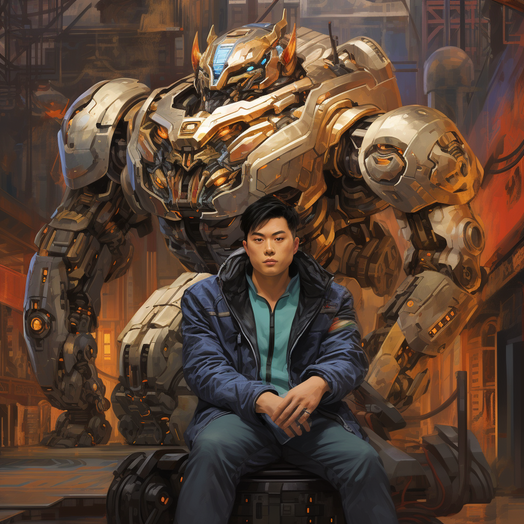 Asian Guy Sitting on Giant Robot