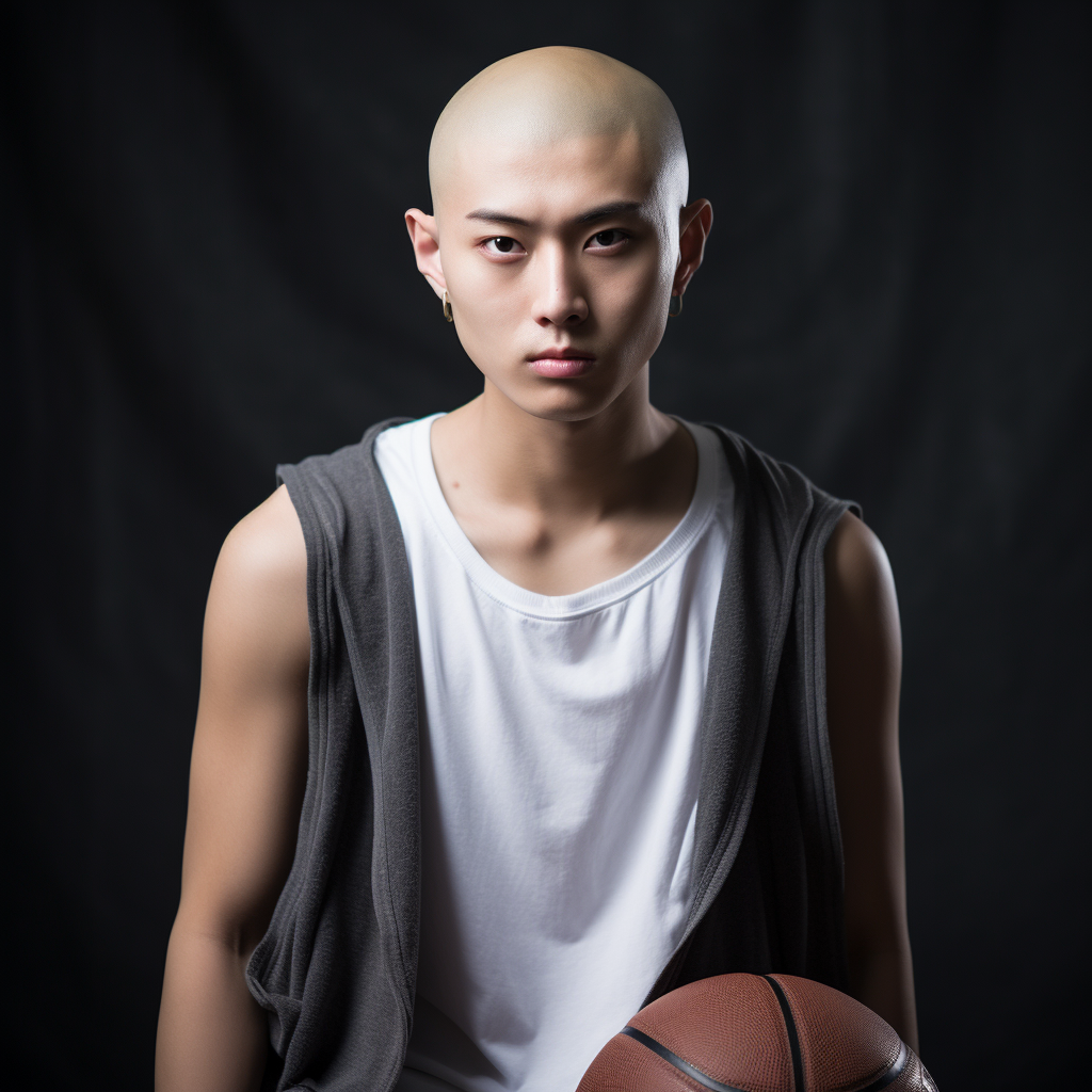 Handsome boy with shaved head wearing basketball vest